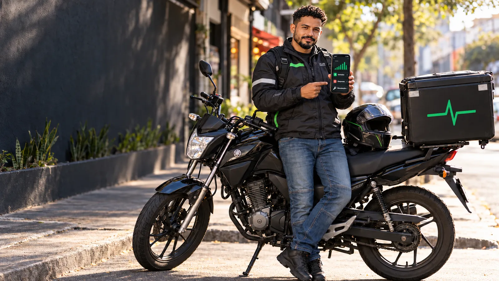 Motoboy sorridente encostado na moto, mostrando no celular o app com entradas, despesas e manutenção